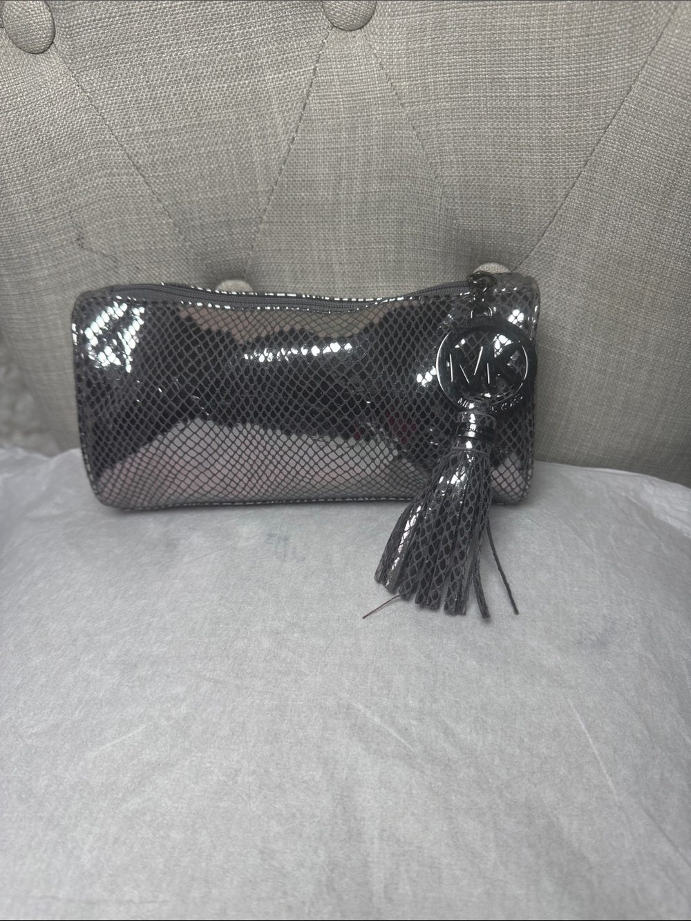 Michael Kors Gunmetal Patent Snake-Texture Tassel Cosmetic Pouch